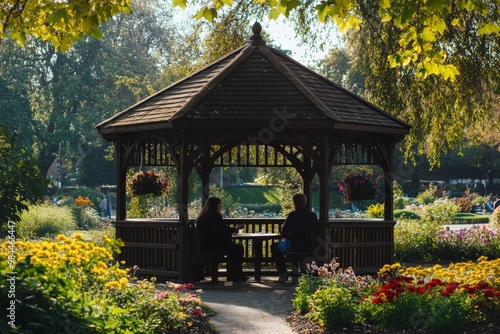 A tranquil scene showing two individuals seated inside a wooden gazebo, surrounded by vibrant flowers and lush greenery under the bright sunlight of a serene park.