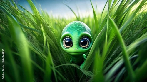 A small green alien with wide eyes, hiding quietly among the tall blades of grass. Generative AI Video