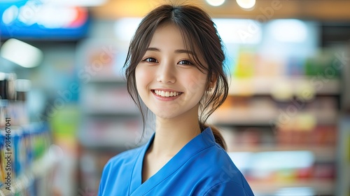 Happy Young Employee in Blue Shirt at Store