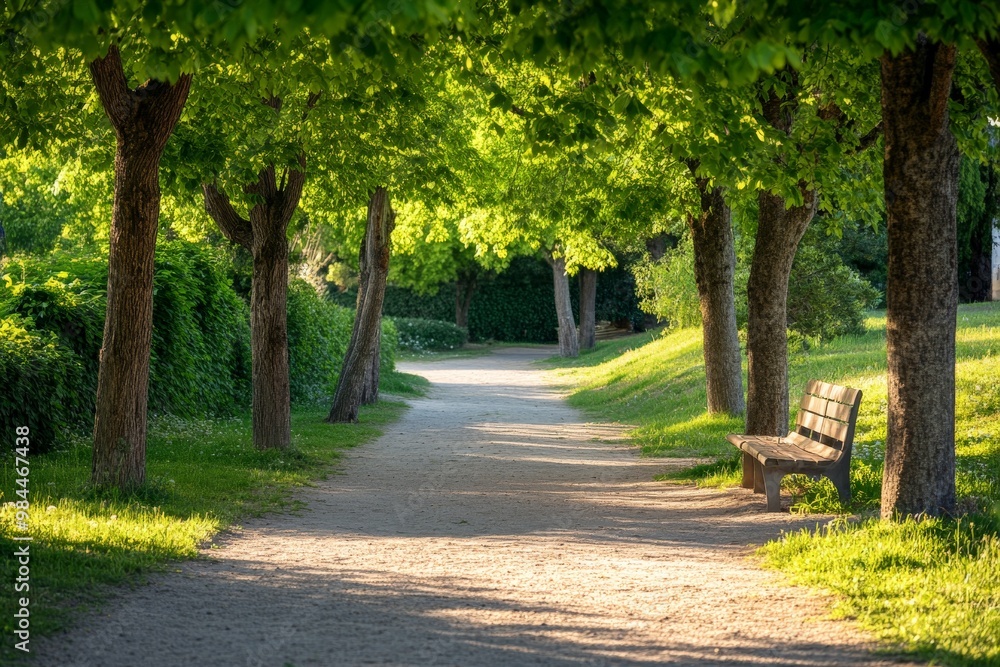 Obraz premium A wide path in a park, bordered by benches and lush trees. The sunlight illuminates the area, making it an ideal spot for relaxation and enjoying nature's beauty.