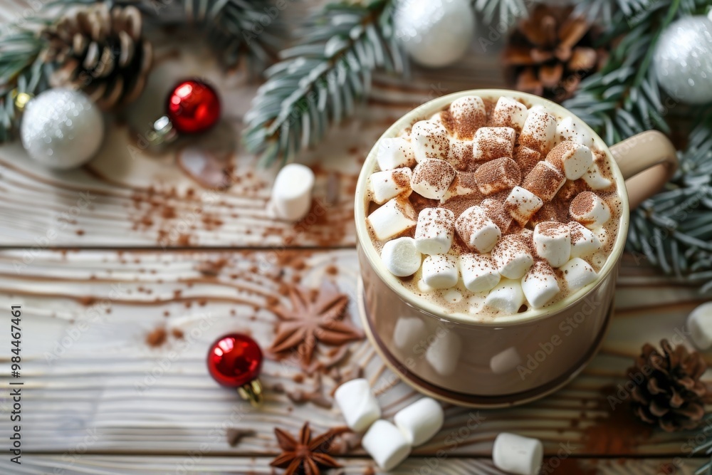 A Cup of traditional Christmas hot chocolate or cocoa with marshmallow. Christmas gingerbread on a wooden background A Cup of traditional Christmas hot chocolate or cocoa with marshmallow. Christmas gingerbread on a wooden background