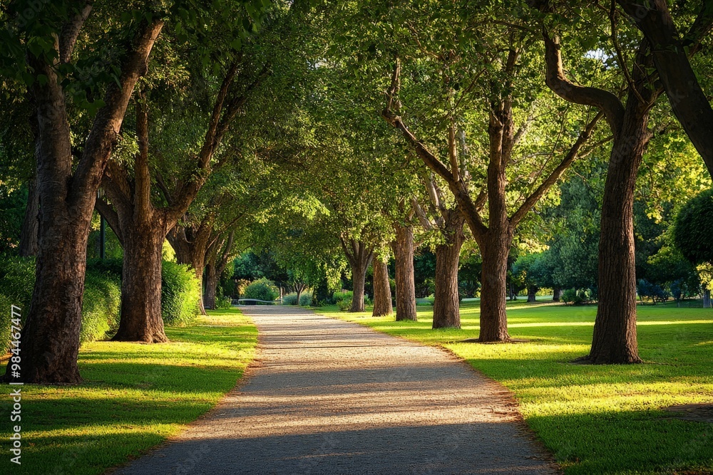A beautiful tree-lined path with lush green foliage and dappled sunlight shining through, creating a serene and inviting atmosphere for a peaceful walk or moment of reflection. A beautiful tree-lined path with lush green foliage and dappled sunlight shining through, creating a serene and inviting atmosphere for a peaceful walk or moment of reflection.
