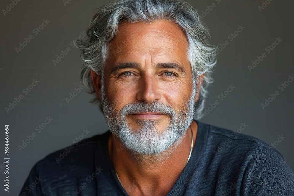 Obraz premium charismatic mature man with gray beard and hair genuine cheerful smile casual sweatshirt white background highlights friendly demeanor modern senior hipster vibe