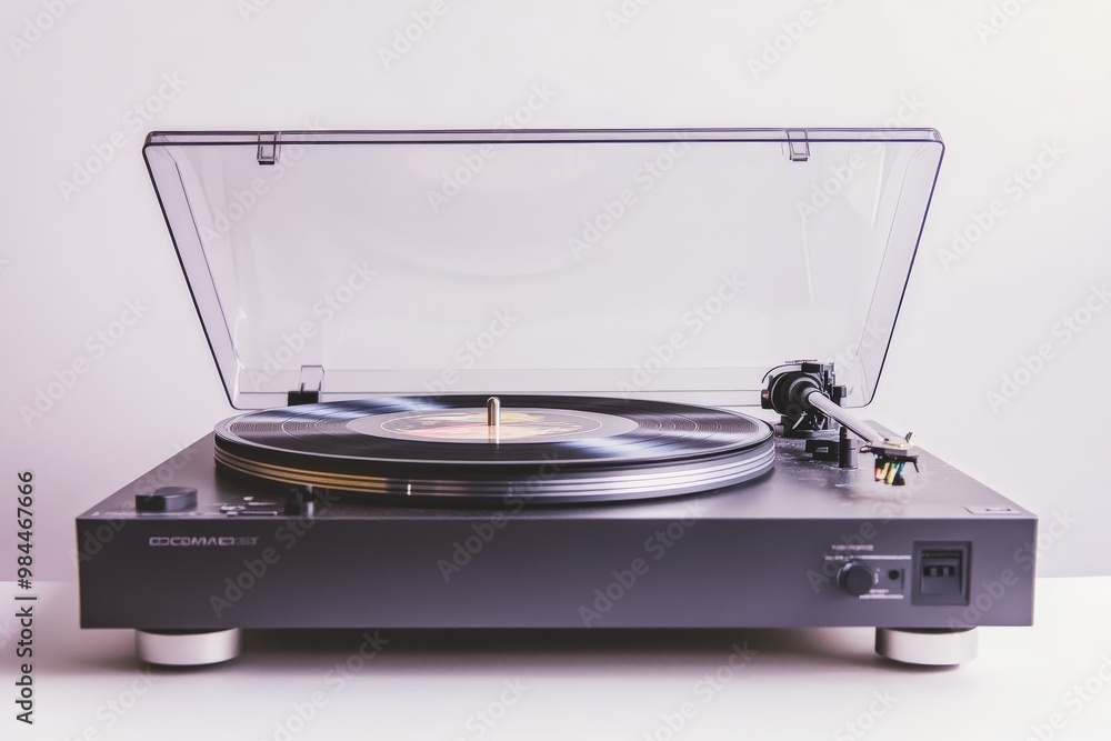 This image features a retro turntable with a transparent cover in action, the needle gently resting on the spinning vinyl, merging nostalgia with modern protective design. This image features a retro turntable with a transparent cover in action, the needle gently resting on the spinning vinyl, merging nostalgia with modern protective design.