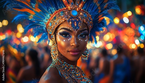 A vibrant celebration featuring a woman adorned with a stunning feather headdress, sparkling makeup, and jewelry, set against a colorful festival backdrop.