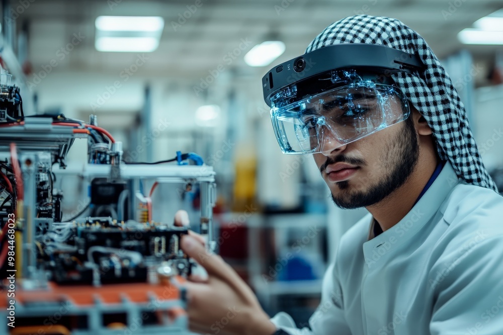 An engineer wearing a lab coat and a traditional head scarf uses AR goggles to work on advanced electronic components within a high-tech laboratory environment. An engineer wearing a lab coat and a traditional head scarf uses AR goggles to work on advanced electronic components within a high-tech laboratory environment.