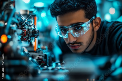 A focused technician works in a technologically advanced lab, carefully inspecting and adjusting intricate machinery and electronic devices amidst a backdrop of blue lighting. photo