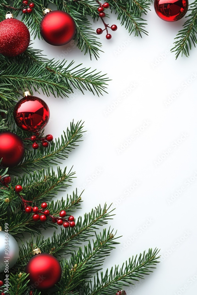 Red and white Christmas ornaments on fir branches with space for text Red and white Christmas ornaments on fir branches with space for text