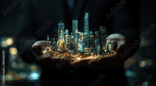 Businessman holding virtual city model with glowing skyscrapers and buildings on dark background, real estate concept. The man in the suit is showing a miniature metropolis at night. 