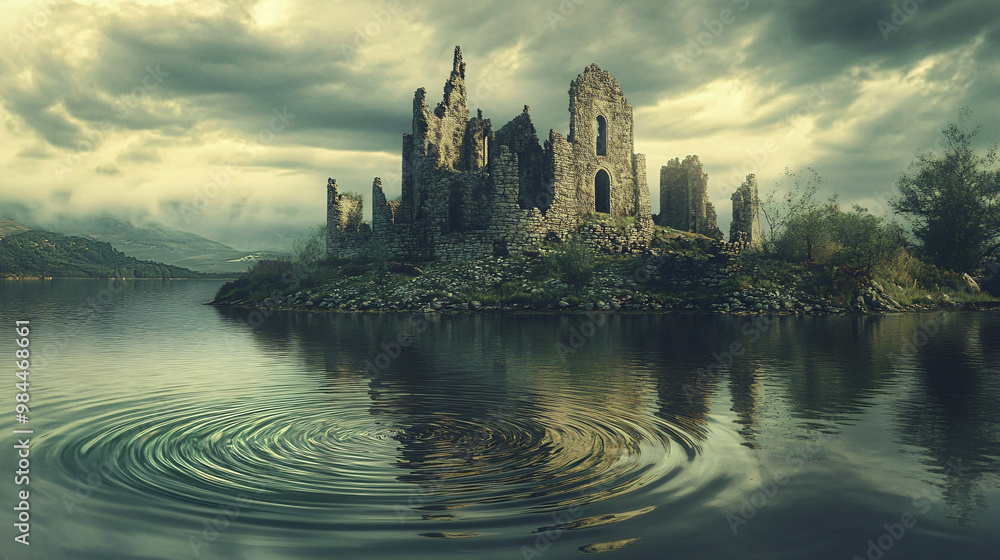 A ruined castle on an island surrounded by still water, where strange ripples disturb the calm.