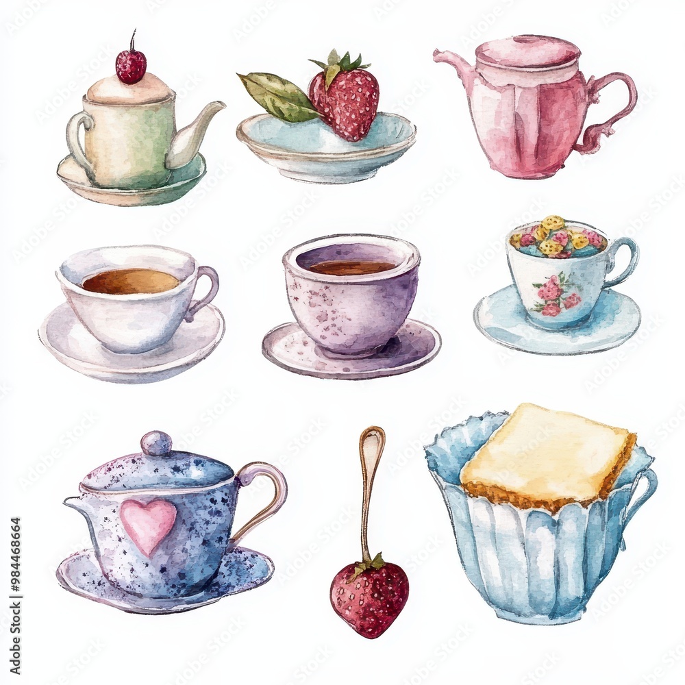 Charming watercolor illustrations of tea time essentials, featuring teapots, cups, strawberries, and a delightful dessert. Charming watercolor illustrations of tea time essentials, featuring teapots, cups, strawberries, and a delightful dessert.