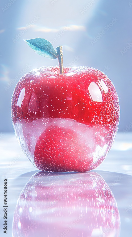 Obraz premium Bright Red Apple on Reflective Surface with Frosty Accents and Leaf