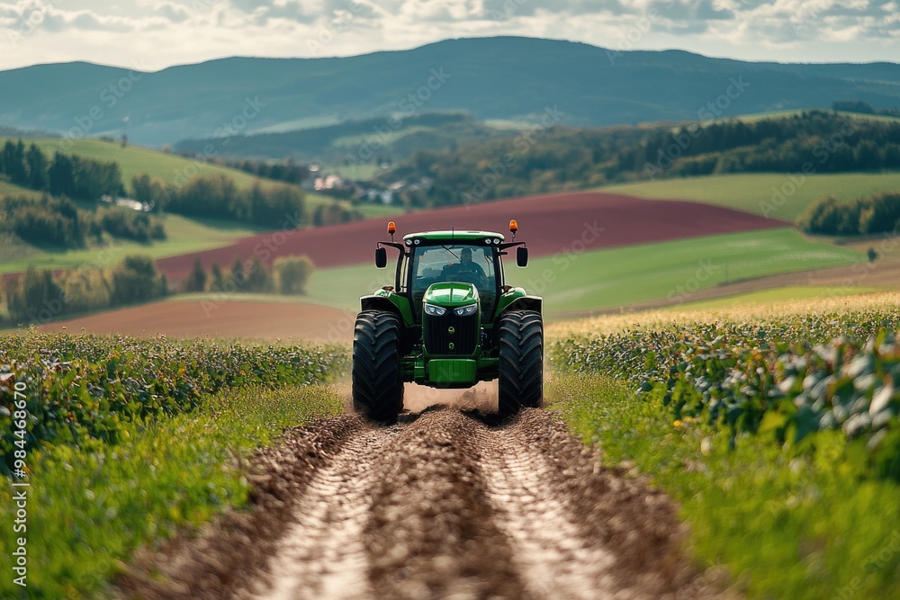 Obraz premium Tractor driving through scenic countryside farmland