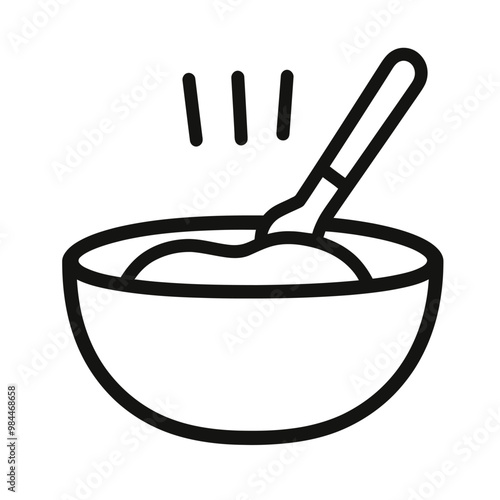 A simple bowl with a spoon, indicating mixing or preparing food.