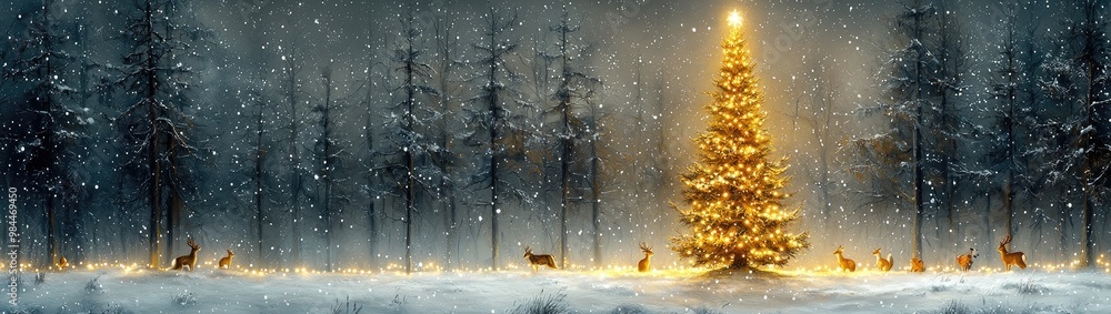 A mystical forest scene where woodland animals like deer, foxes, and rabbits gather around a beautifully decorated tree in the clearing, twinkling fairy lights strung from the trees A mystical forest scene where woodland animals like deer, foxes, and rabbits gather around a beautifully decorated tree in the clearing, twinkling fairy lights strung from the trees