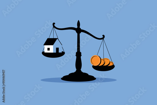 Scales with house on one side and coins on the other, concept of property and investment.