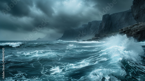  Stormy Ocean Waves against Cliffs. Powerful stormy ocean waves crashing against rocky cliffs, ideal for dramatic, nature, and maritime themes.