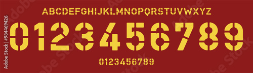 Geometric stencil font, sharp angular cuts, military style numbers and letters for robust sports branding, industrial jersey numbers, team merchandise. Vector typeset