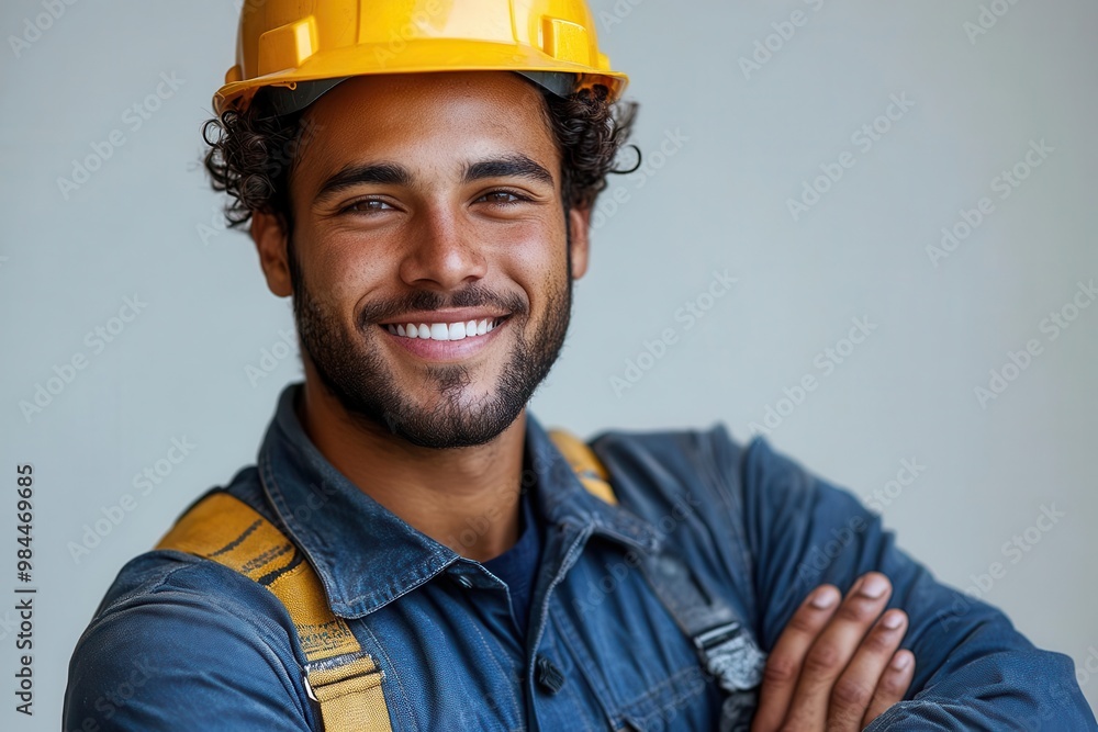 Fototapeta premium cheerful young construction worker in crisp blue uniform and yellow hard hat confident pose with crossed arms bright smile against a clean white background