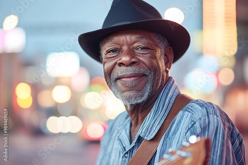 Senior Musician Smiling on Street at Twilight with Guitar in Background