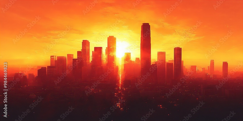 Modern cityscape skyline with a stunning sunset and silhouette of buildings reflecting the evening sky new beautiful stock image illustration AI Modern cityscape skyline with a stunning sunset and silhouette of buildings reflecting the evening sky new beautiful stock image illustration AI