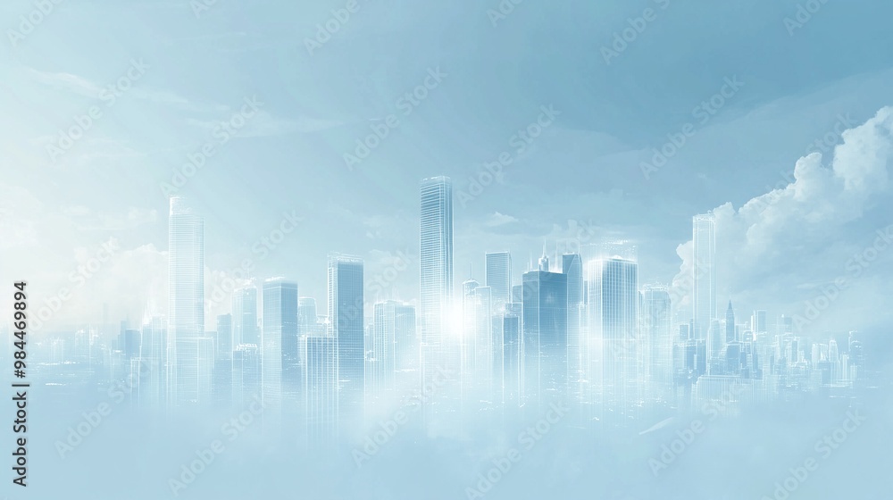 Fototapeta premium A light and airy background featuring urban skyline outlined in glowing white against a soft sky-blue backdrop. Use for presentation, slide show, slide for brochure, marketing, leaflet, advertising, 