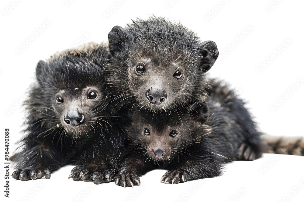 Naklejka premium Three adorable olingo siblings cuddling together on a soft surface in a cozy indoor setting on transparent background