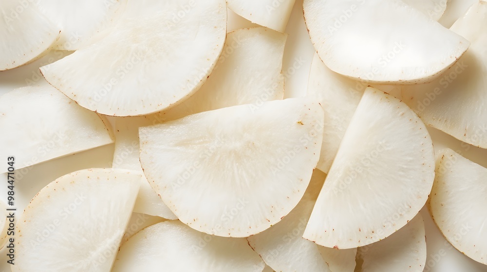 Realistic close-up of fresh jicama slices on a white background, highlighting their crisp, white flesh and smooth texture Realistic close-up of fresh jicama slices on a white background, highlighting their crisp, white flesh and smooth texture