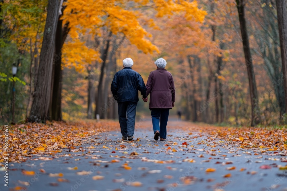 Fototapeta premium In a beautiful autumn park, an elderly couple walks hand in hand, surrounded by vibrant fall foliage, symbolizing enduring love and companionship in their later years.