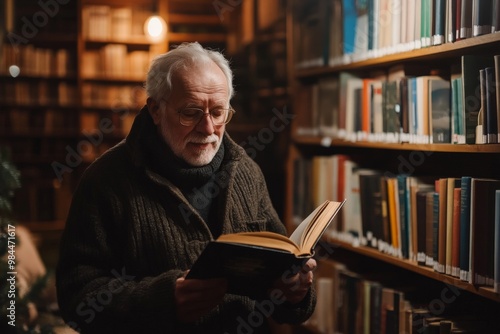 A senior man wearing glasses and a cozy sweater is deeply focused on reading a book in a warmly lit library, surrounded by neatly arranged books on wooden shelves, depicting knowledge and serenity.