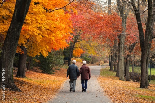 An elderly couple walks hand in hand under vibrant autumn trees, creating a picture-perfect scene of companionship and love in a serene, scenic park pathway filled with seasonal colors.