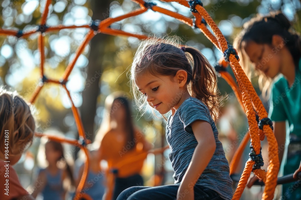 Kids engaging in outdoor activities by climbing on vibrant orange playground equipment, indicative of childhood play, social interaction, and physical activity outside. Kids engaging in outdoor activities by climbing on vibrant orange playground equipment, indicative of childhood play, social interaction, and physical activity outside.