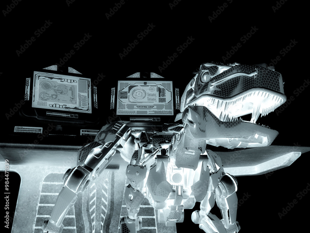 velociraptor robot in front of the computer console close up Stock ...