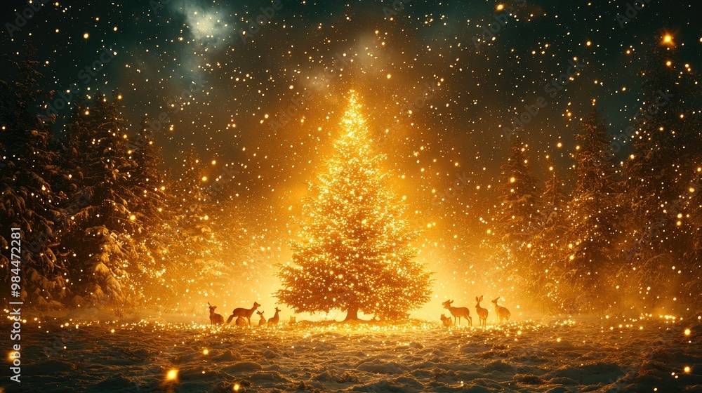 Naklejka premium A mystical forest scene where woodland animals like deer, foxes, and rabbits gather around a beautifully decorated tree in the clearing, twinkling fairy lights strung from the trees
