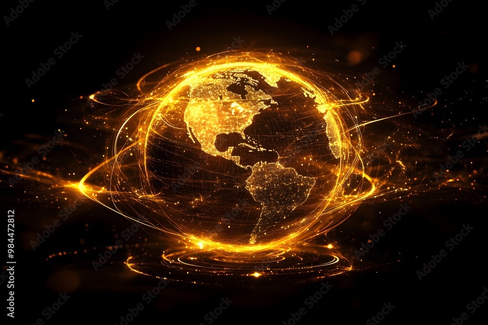 Obraz premium Gold colored Planet Earth with Dynamic Bright Connections on a black background. Data Visualization Concept, communication