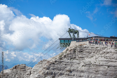 Sass Pordoi cable car station on the mountain top, Dolomites, Italy photo