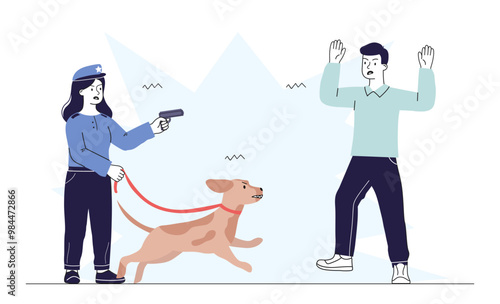 Detention of criminal. Female police officer with dog and gun catches criminal. Punishment of illegal guy. Safety and guarding. Linear vector illustration