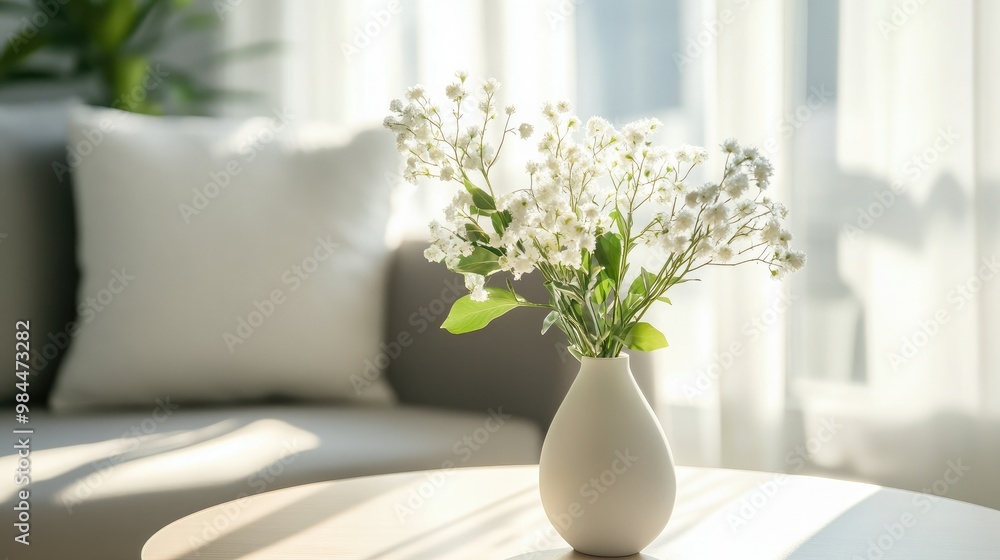 White vase with delicate flowers on a round table in sunlit living room, focus on serene atmosphere and minimalist style White vase with delicate flowers on a round table in sunlit living room, focus on serene atmosphere and minimalist style