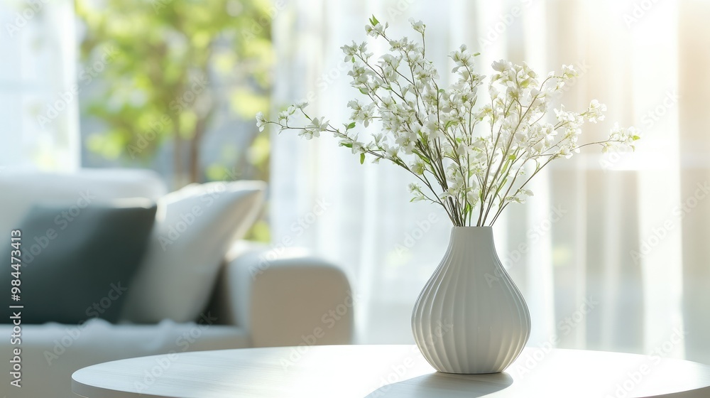 White vase with delicate flowers on a round table in sunlit living room, focus on serene atmosphere and minimalist style White vase with delicate flowers on a round table in sunlit living room, focus on serene atmosphere and minimalist style