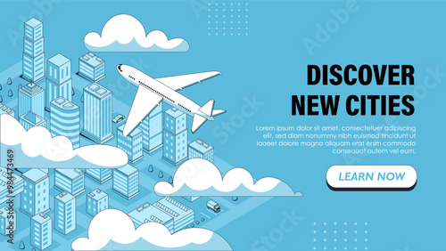Discover new cities poster. Airplane in sky above high rise buildings. Modern skyscrapers and buildings. Travel and tourism, vacation. Landing webpage design. Linear vector illustration