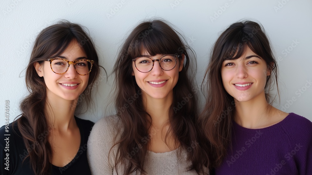 Three women with long hair and glasses are smiling for the camera. They are wearing different colored sweaters and one of them is wearing a purple one Three women with long hair and glasses are smiling for the camera. They are wearing different colored sweaters and one of them is wearing a purple one