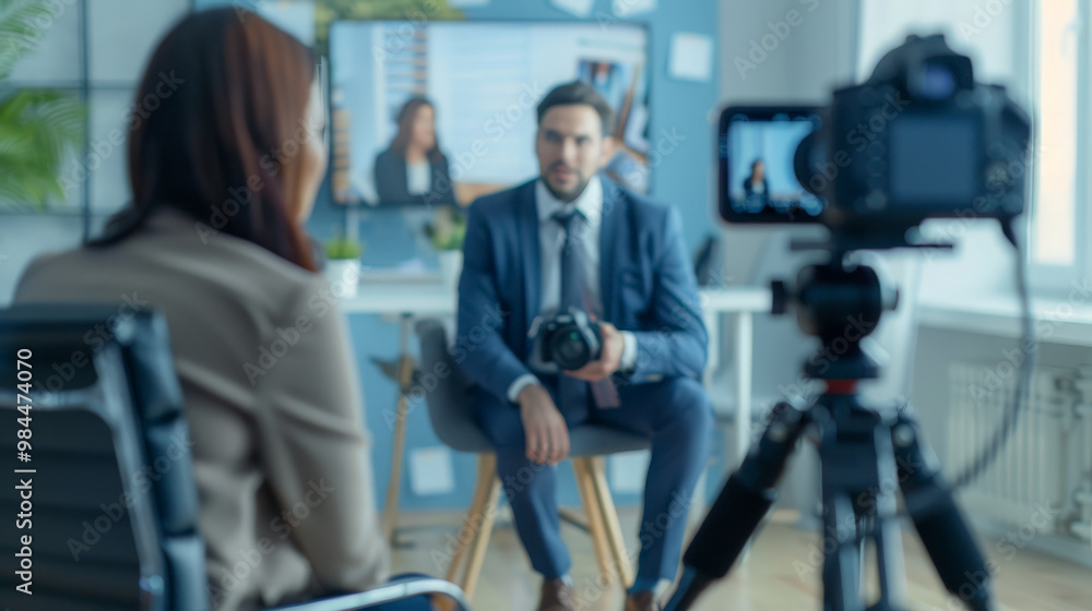 camera on tripod businessman giving interview camera on tripod businessman giving interview