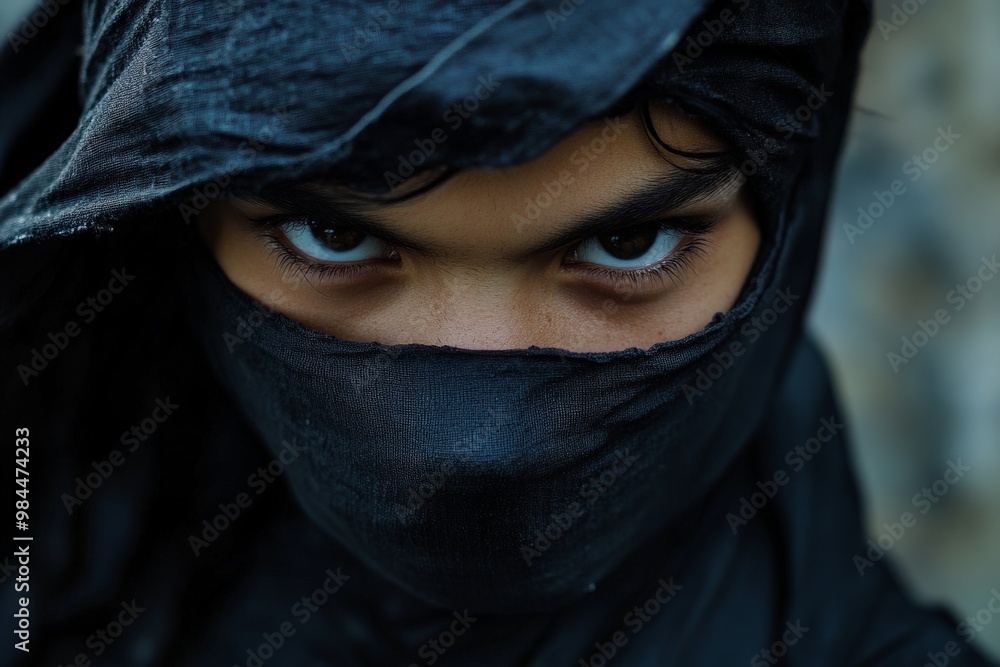 Naklejka premium A figure wearing a black cloak with a hood, shrouded in mystery, stands in a dimly lit, enigmatic setting, conjuring an air of intrigue and suspense.