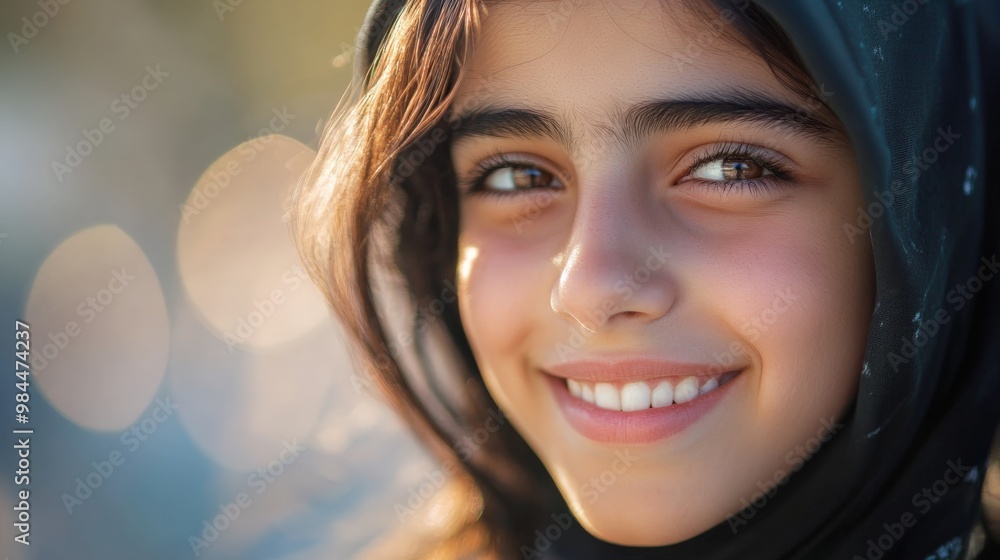 A young girl with a radiant smile in a hijab, set against a dreamy bokeh background, expressing warmth, joy, and cultural beauty in a serene outdoor setting. A young girl with a radiant smile in a hijab, set against a dreamy bokeh background, expressing warmth, joy, and cultural beauty in a serene outdoor setting.