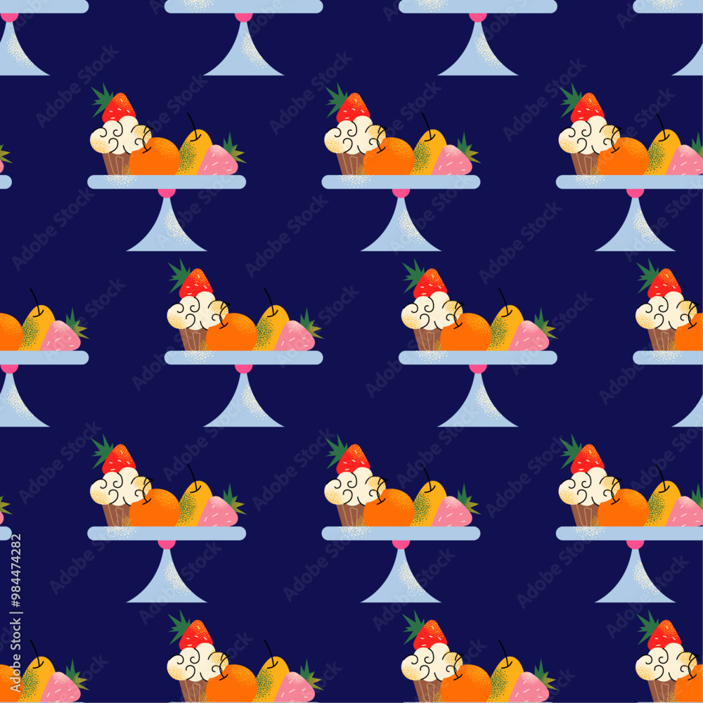Fototapeta premium Seamless pattern afternoon tea stand food. Scones with jam, pie, cupcake, cakes and sandwich. Tea time elements. Tea Party Invitation. Vector illustration isolated on background