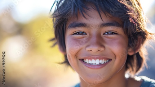 A young boy cheerfully smiles under the sunlit outdoors, displaying vibrant energy and positivity while surrounded by a soft-focused, sunny backdrop.