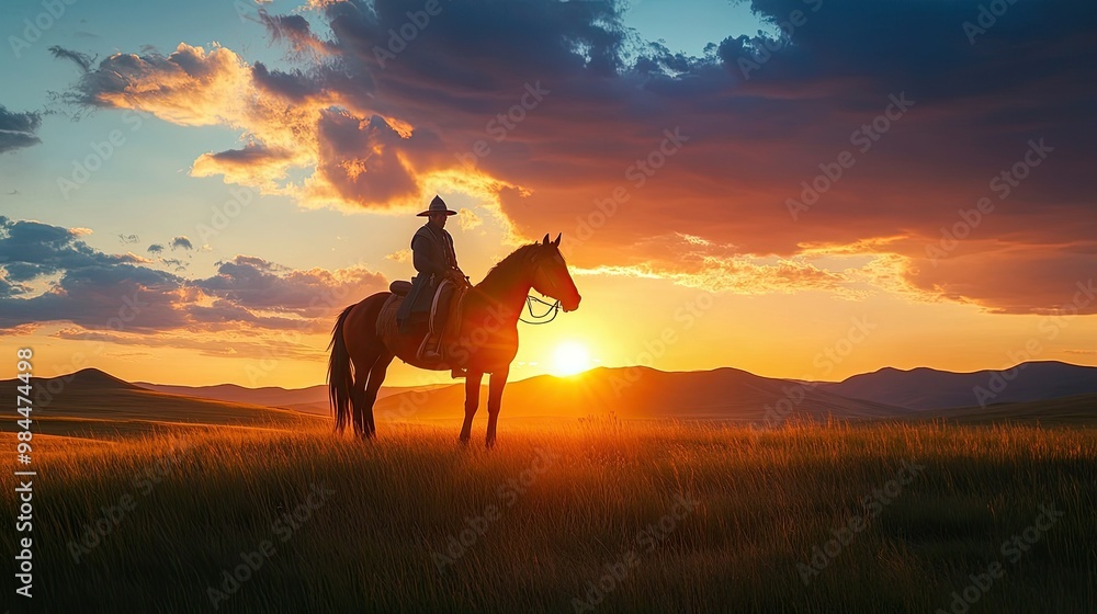 A majestic Mongolian horse standing on the vast grasslands, with a nomadic rider in traditional attire silhouetted against the sunset. A majestic Mongolian horse standing on the vast grasslands, with a nomadic rider in traditional attire silhouetted against the sunset.