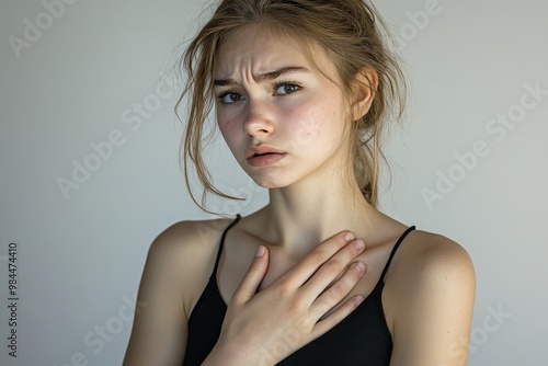 A young woman in a black tank top places her hand on her chest, looking forward with a furrowed brow, conveying a sense of worry or anxiety. photo