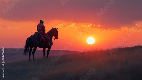 A majestic Mongolian horse standing on the vast grasslands, with a nomadic rider in traditional attire silhouetted against the sunset.