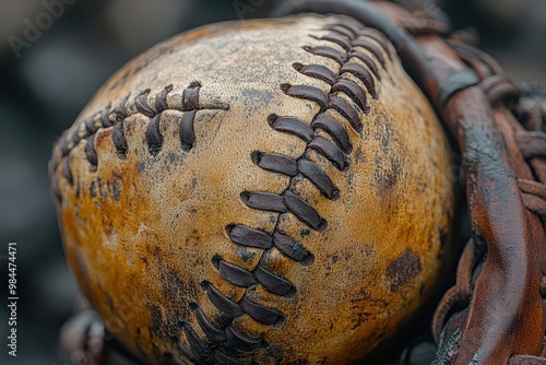 closeup of wellworn leather softball glove cradling ball rich textures warm tones nostalgic sports equipment still life photo